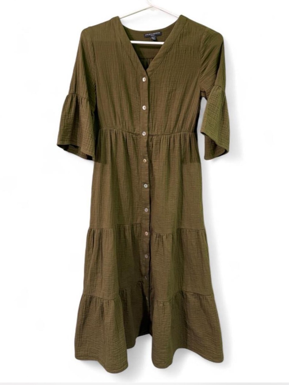 Olive green tiered midi dress with button-up front and short bell sleeve COTTON